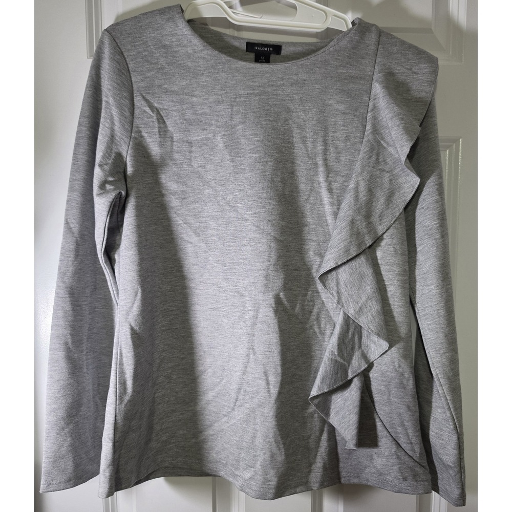 Halogen Women's M Petite Gray Ruffle Front Long Sleeve Blouse Top Nordstrom